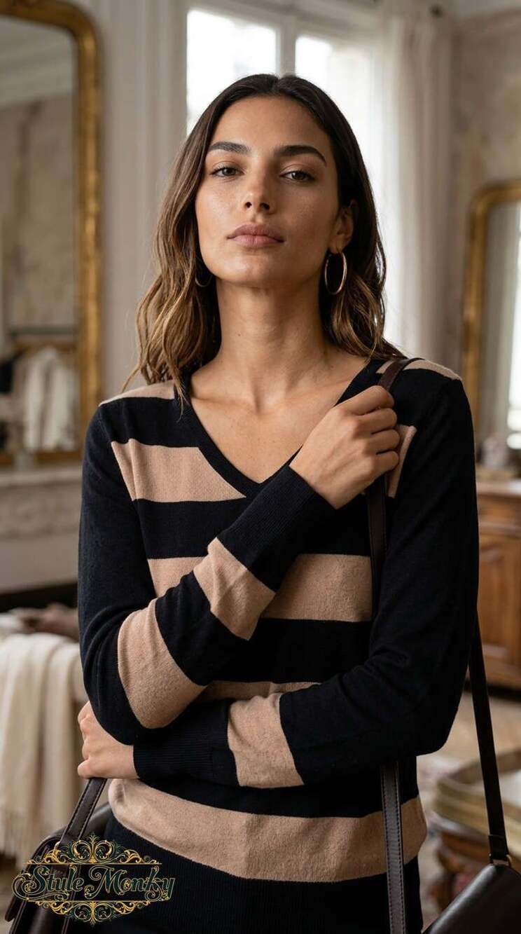 Barneys New York Co-Op V-Neck Sweater Size S Black Tan Striped